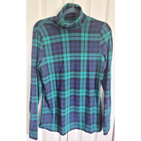 Lands End M/T Tartan Plaid Turtleneck Size M‎ Blue Green Shaped Fit Modal Cotton - Picture 1 of 7